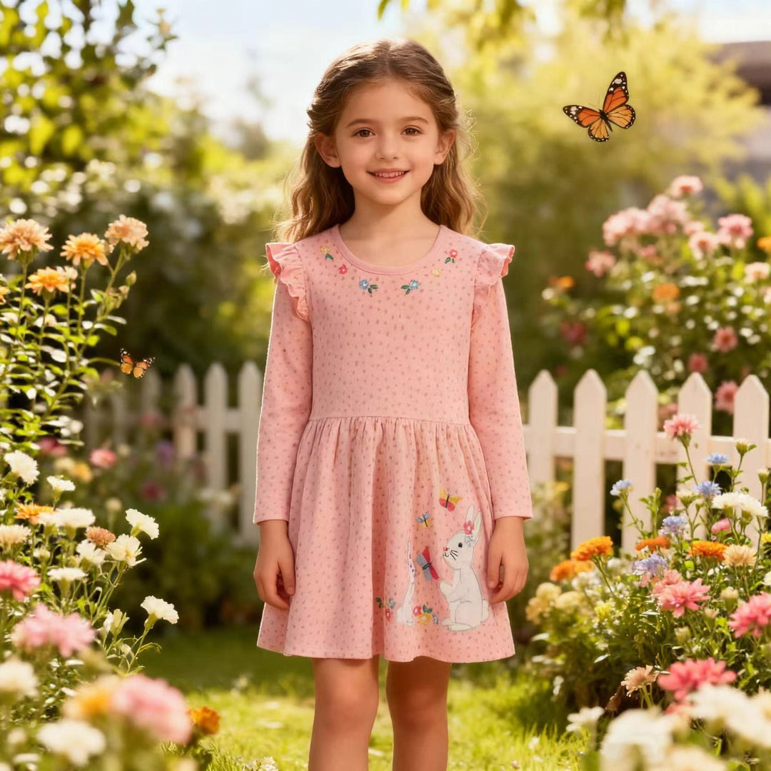 Mädchen Langarmkleid mit niedlichen Hasen- und Blumenapplikationen Echo Archiv