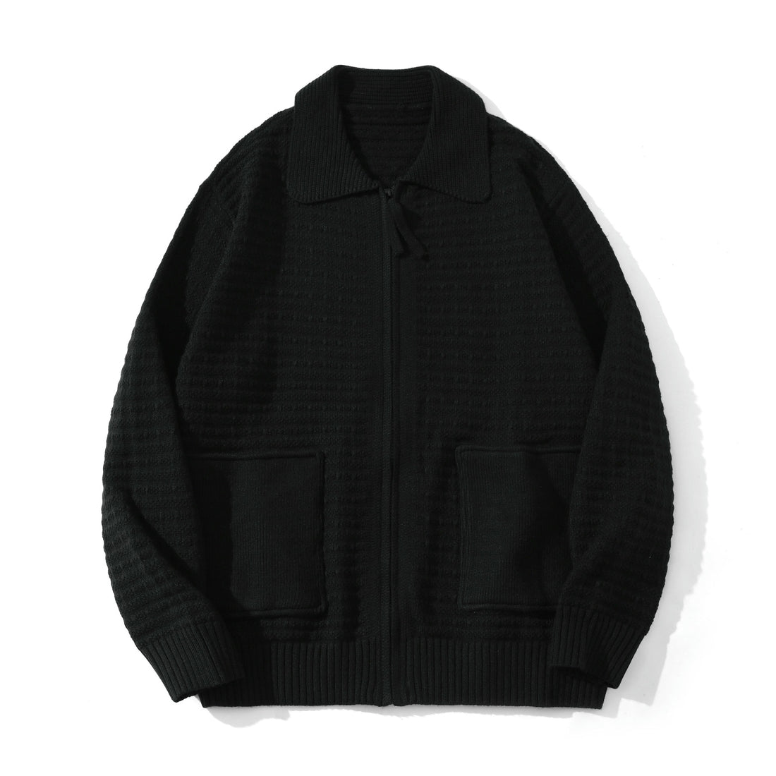Unisex Strukturiertes Zip-Strickcardigan mit großem Reverskragen Echoarchiv