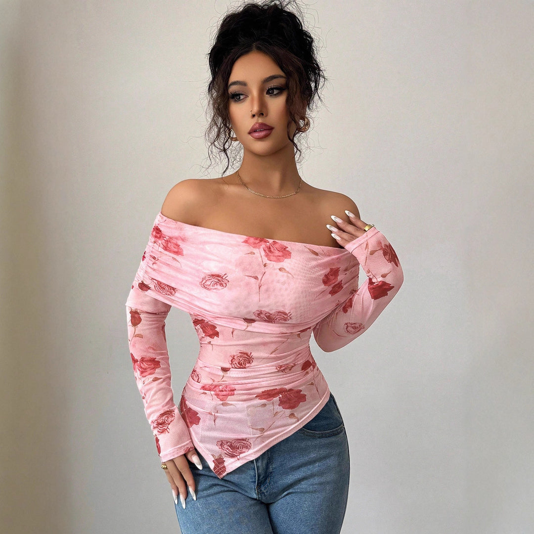 Damen nan schulterfreies gerafftes Langarm-Oberteil aus feinem Mesh mit floralem Print und taillierter Silhouette Echo Archiv