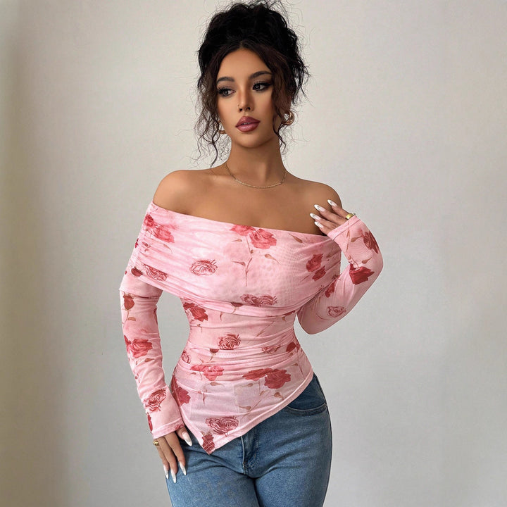 Damen nan schulterfreies gerafftes Langarm-Oberteil aus feinem Mesh mit floralem Print und taillierter Silhouette Echo Archiv