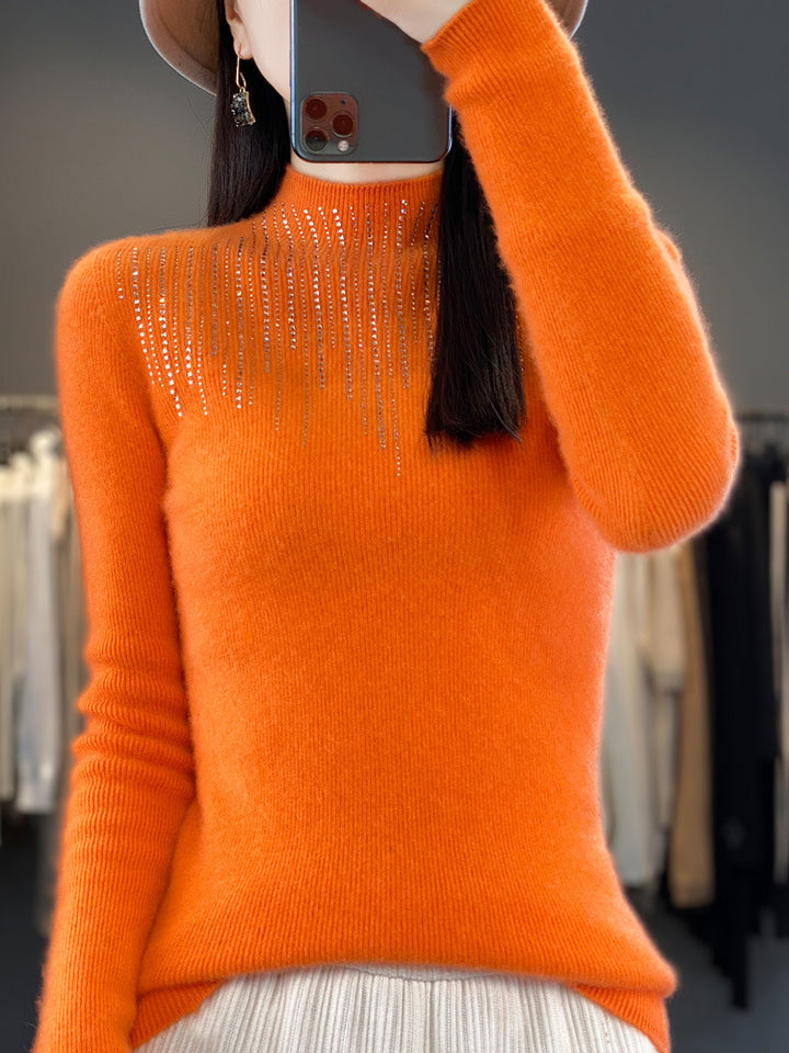 Damen Kaschmir‑Optik Mockneck-Pullover mit funkelnder Strasskaskade Echoarchiv