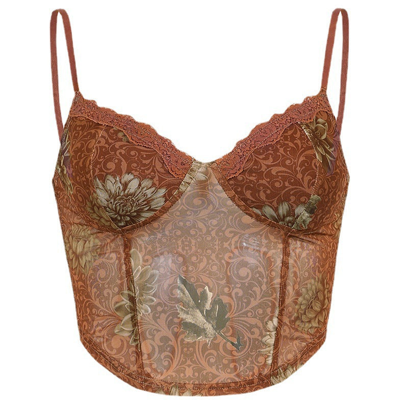 Damen Trägershirt mit Spitzenakzenten und floralem Design Echo Archiv