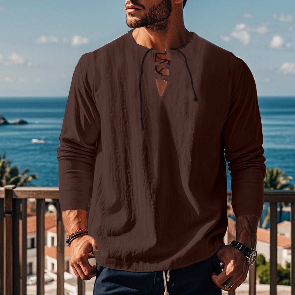 Herren lässiges Langarmshirt mit modischem Schnürdesign und atmungsaktiver Textur Echoarchiv