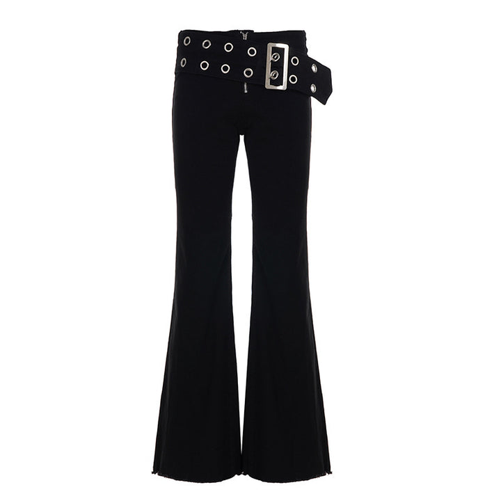Damen High‑Waist Schlaghose aus Stretch‑Denim mit Ösengürtel Echo Archiv