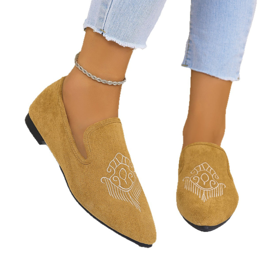 Damen nan bestickte Wildlederoptik-Slipper mit spitzer Leistenform und flacher rutschfester Gummisohle Echo Archiv