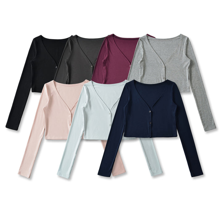 Damen Cropped Jersey-Cardigan mit tiefem V-Ausschnitt und schmaler Knopfleiste Echoarchiv