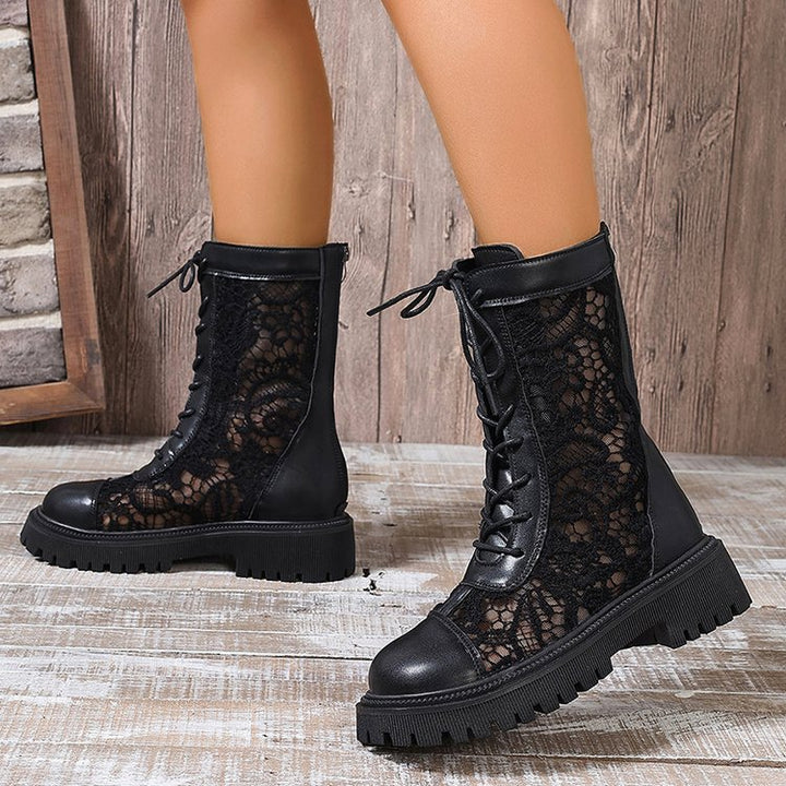 Damen Schnürstiefel mit Spitzeneinsätzen, robuster Profilsohle und Lederoptik Echoarchiv