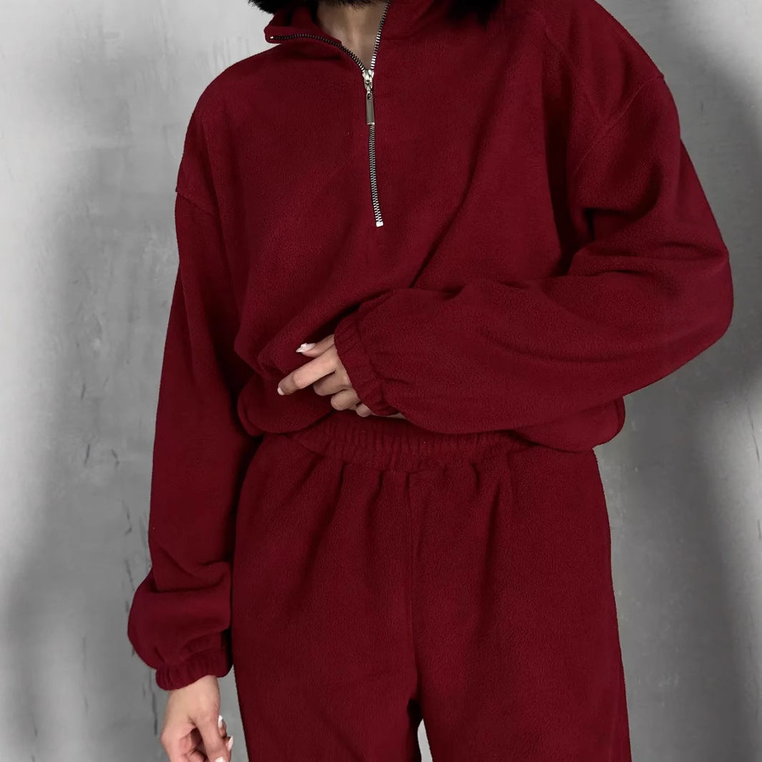 Damen lässiges Fleece-Jogginganzug Set mit Stehkragen und halbhohem Reißverschluss – Avérine