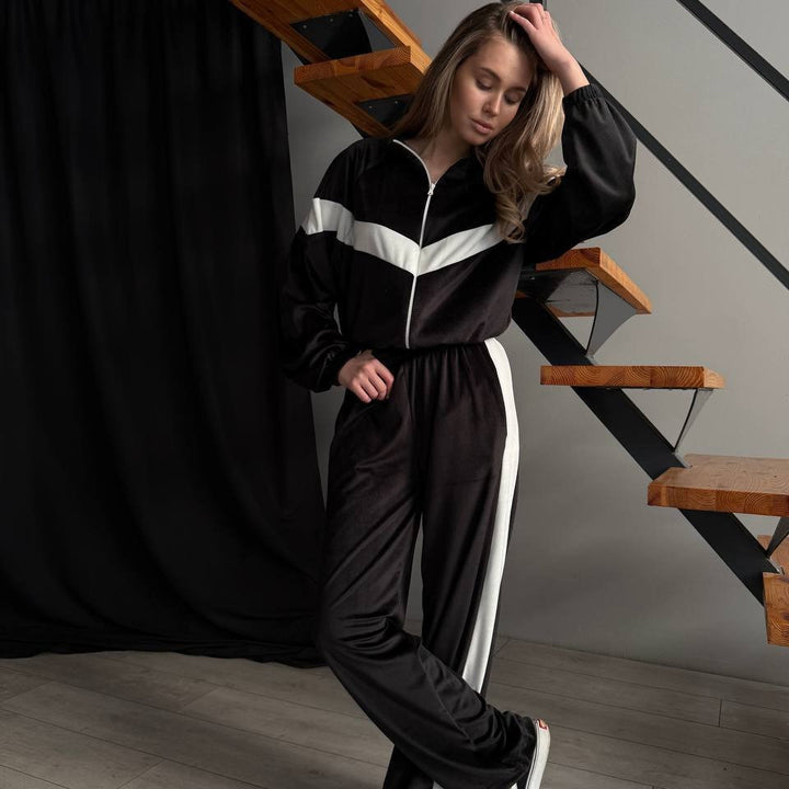 Damen Plüschiges Velours-Loungewear-Set mit Reißverschlussjacke und elastischem Taillenbund – Auréline