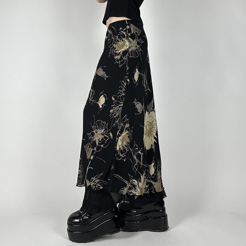 Damen Eleganter Maxirock mit floralem Muster und transparentem Untergrund Echo Archiv