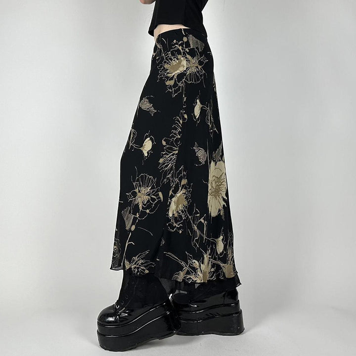Damen Eleganter Maxirock mit floralem Muster und transparentem Untergrund Echo Archiv