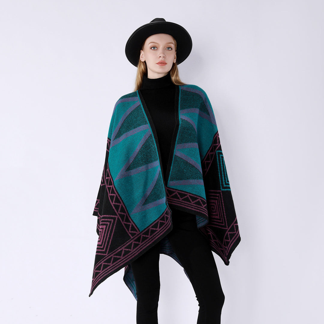 Damen Geometrischer Wollmix-Überwurfponcho mit Kettelkante Echo Archiv