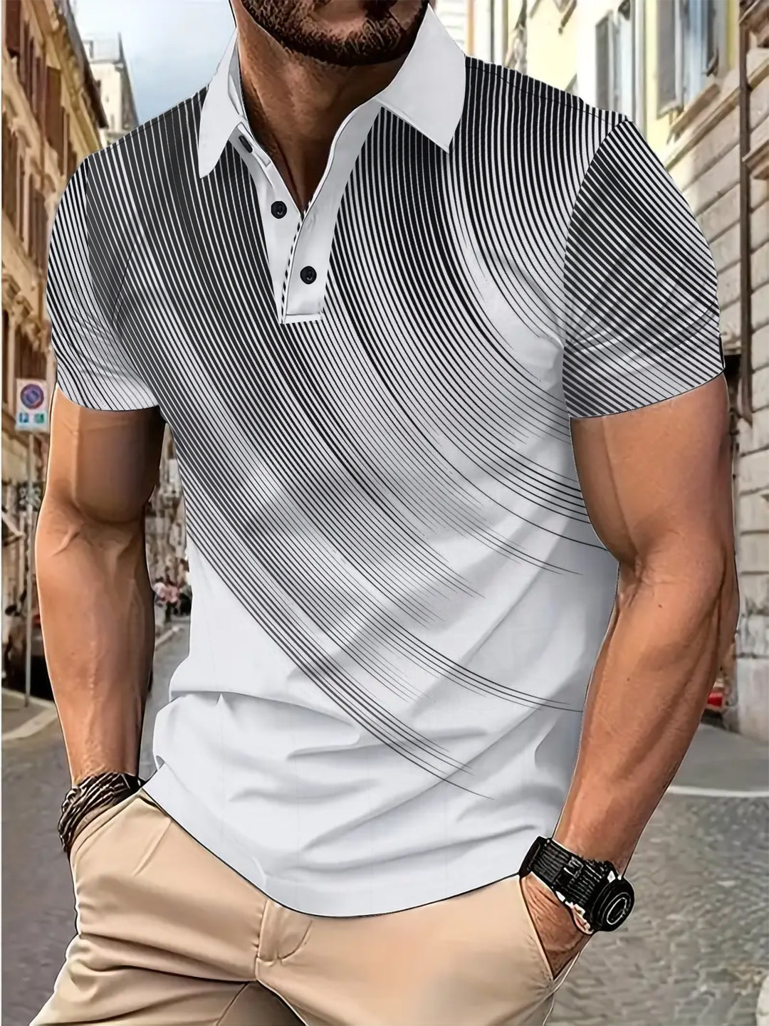 Herren Poloshirt mit modernem Streifenmuster und atmungsaktiver Textur Echoarchiv