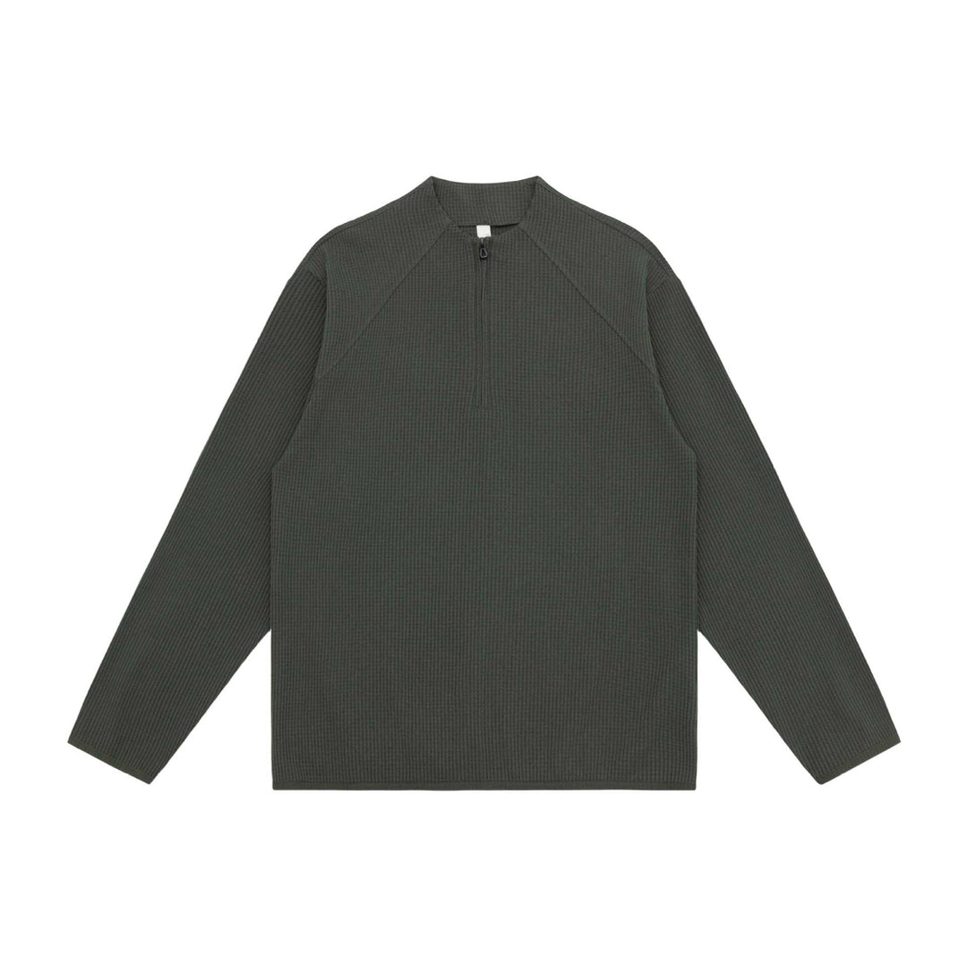 Unisex Waffelstruktur-Halbzip-Pullover mit kurzem Reißverschluss und kastiger Silhouette Echoarchiv