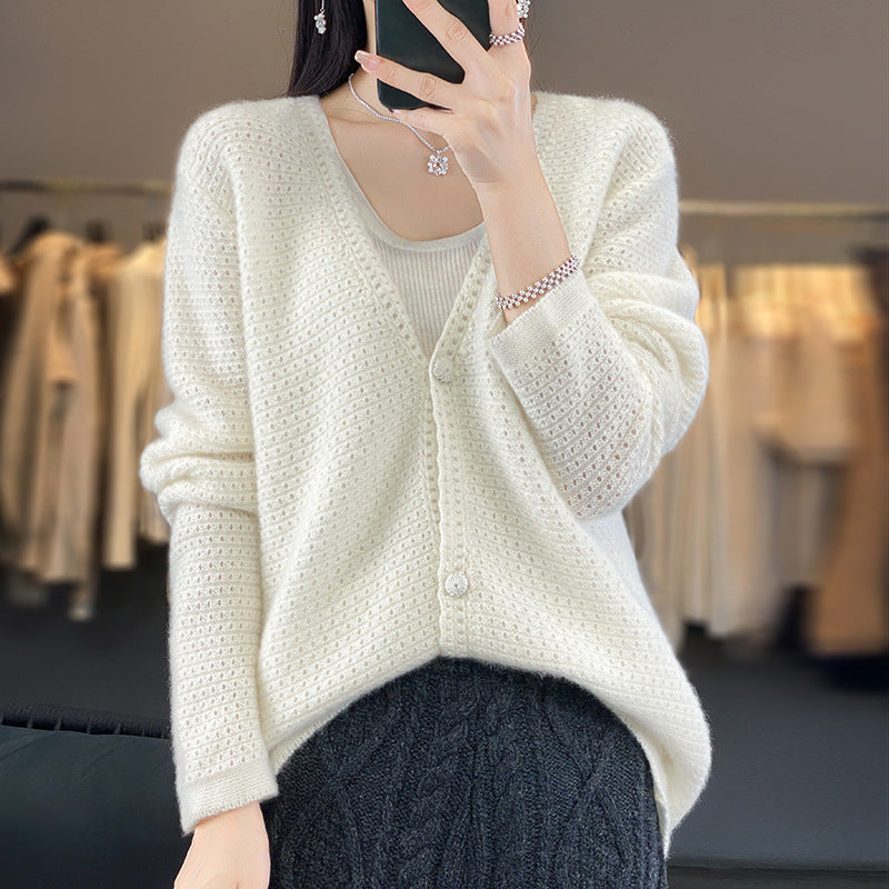 Damen Offener Ajour-Strickcardigan mit dezentem Flauschfinish und kastiger Oversize-Silhouette Echoarchiv