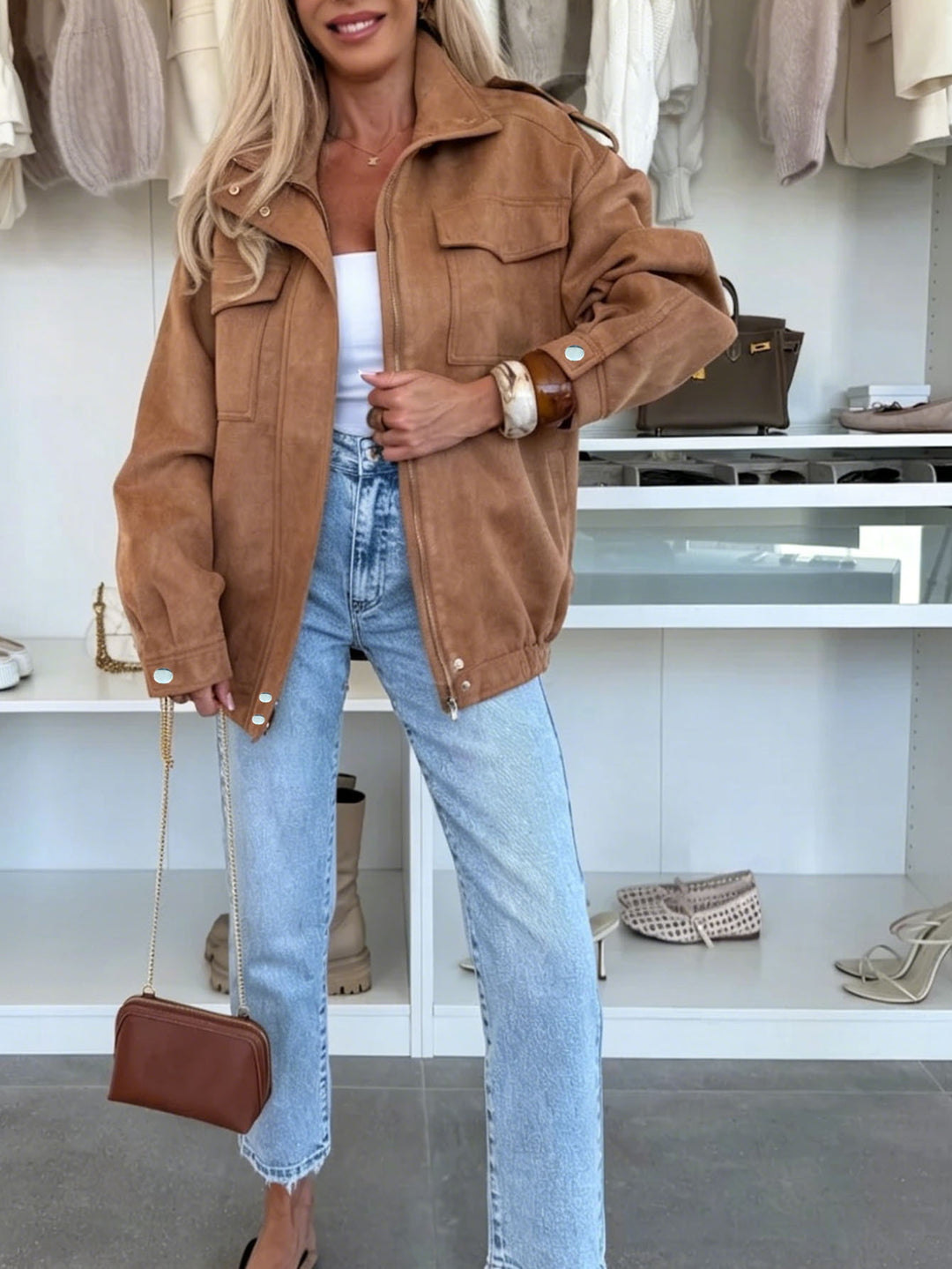 Damen Oversized Jacke in Wildleder-Optik mit Brusttaschen und Epauletten Echoarchiv
