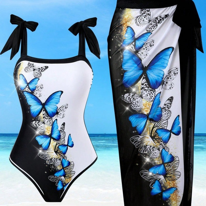 Damen Einteiler Badeanzug mit schickem Wickelrock und Butterfly-Motiv Echo Archiv