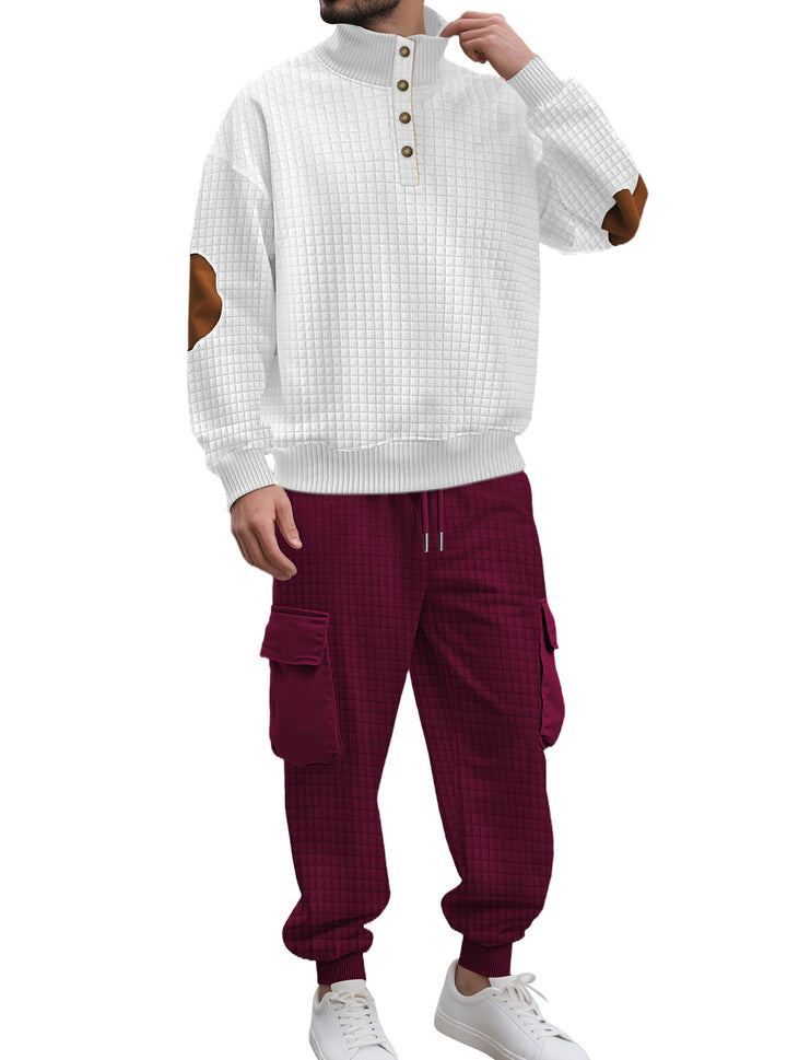 Herren nan Karo-Relief-Sweatset mit Stehkragen-Knopfleiste, Velours-Ellenbogenpatches und Cargo-Jogger Echo Archiv