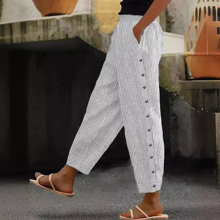 Damen Culotte-Hosen mit hohem elastischem Bund, seitlichem Knopfverschluss und Taschen – Avélisse