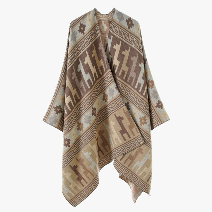 Damen Cape-Überwurf aus Jacquard-Strick mit Tier- und Ethno-Motiv Echo Archiv