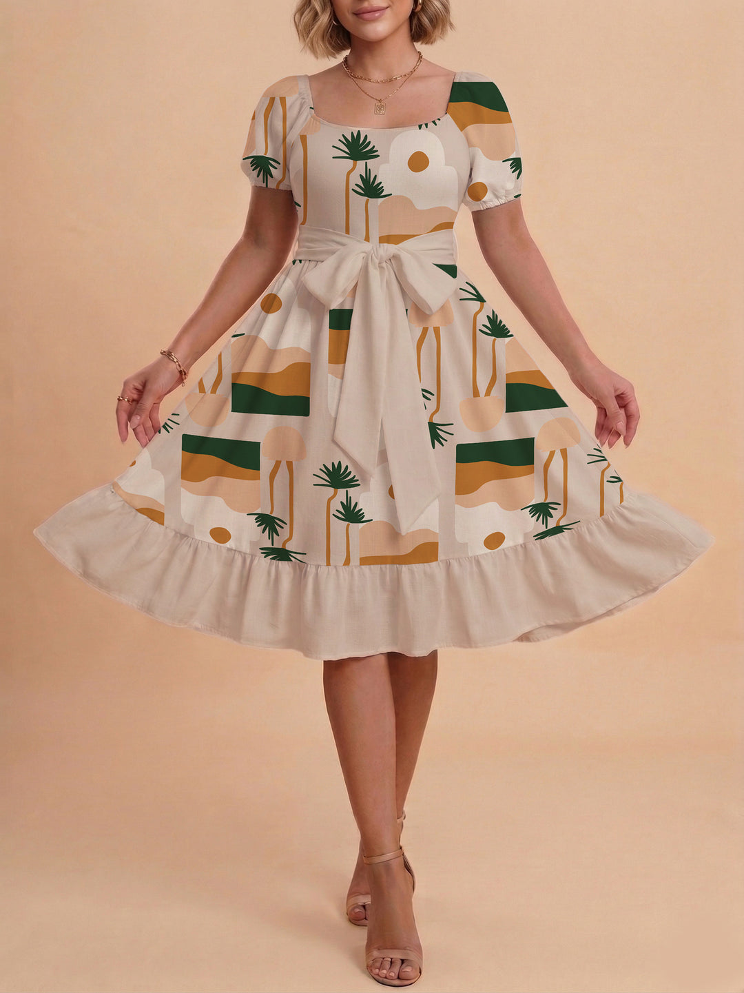 Damen Sommerliches Blumenkleid mit taillierbarem Gürtel und voluminösen Ärmeln Echo Archiv