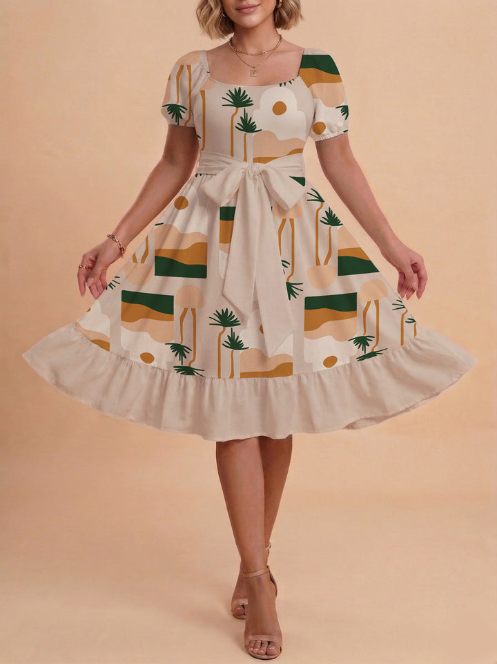 Damen Sommerliches Blumenkleid mit taillierbarem Gürtel und voluminösen Ärmeln Echo Archiv