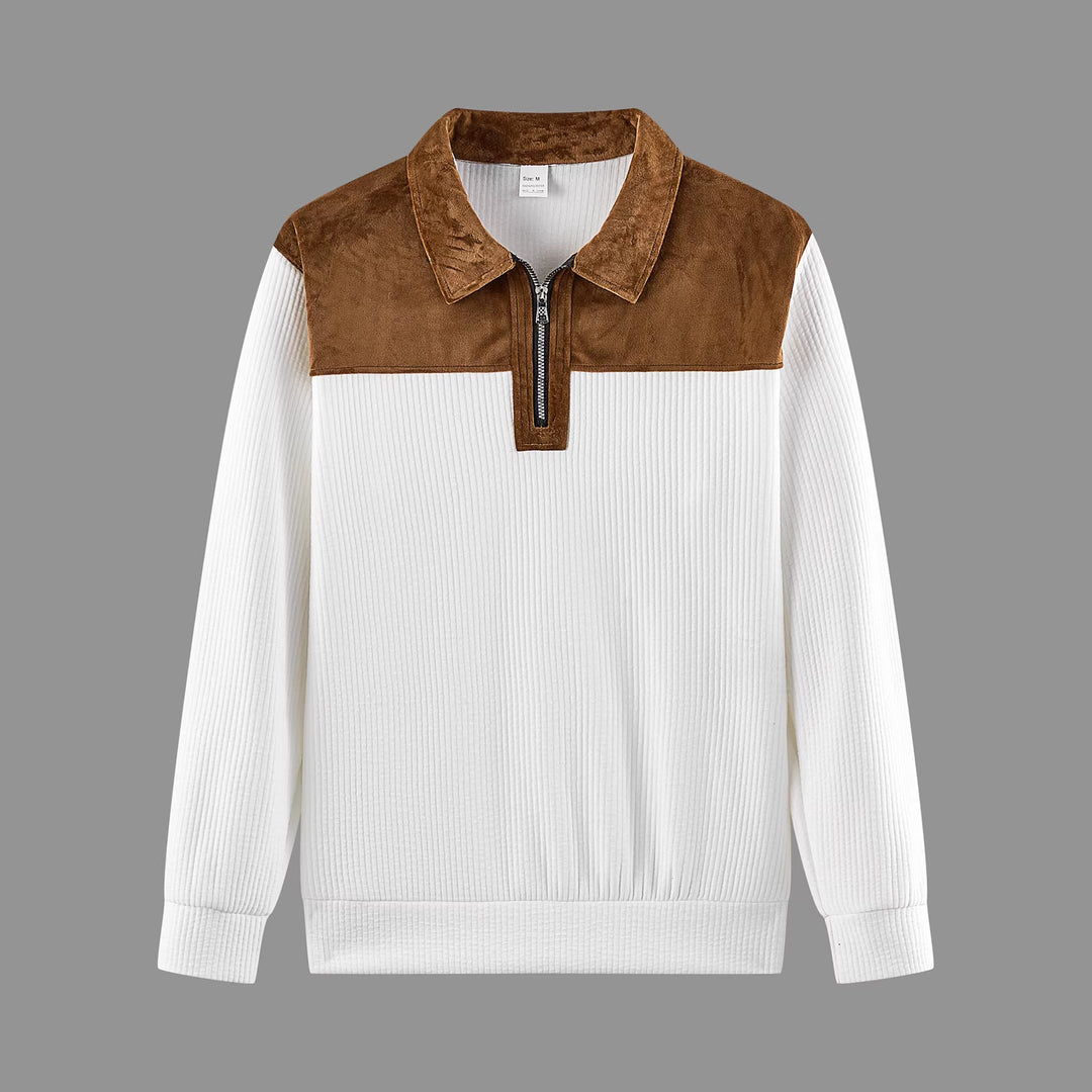 Unisex nan feinstrukturierter Strickpullover mit halbem Reißverschlusskragen und Samtbesatz Echo Archiv