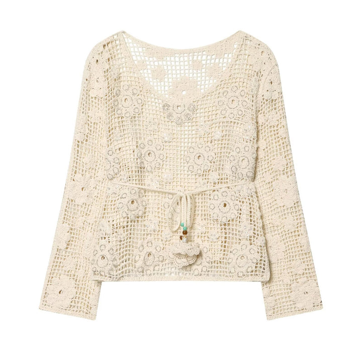 Damen Häkelbluse mit floralem Crochet‑Motiv, V‑Ausschnitt und Tunnelzug Echoarchiv