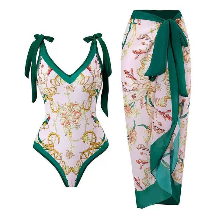 Damen Badeanzug mit floralem Design und transparentem Wickelrock Echo Archiv
