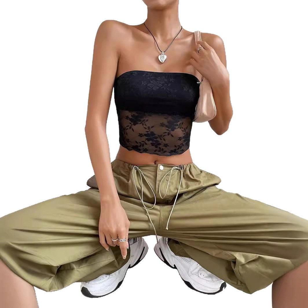 Damen transparente Crop-Top mit floralen Details Echo Archiv