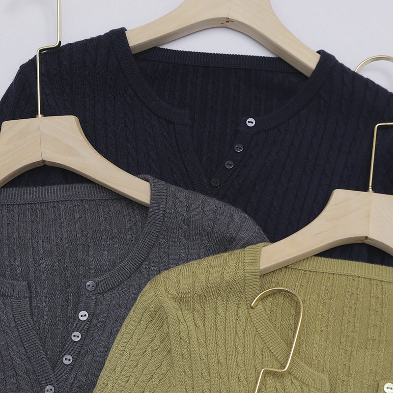 Damen Feines Zopfmuster-Henley-Feinstrickshirt mit Rundhals & Knopfleiste Echo Archiv