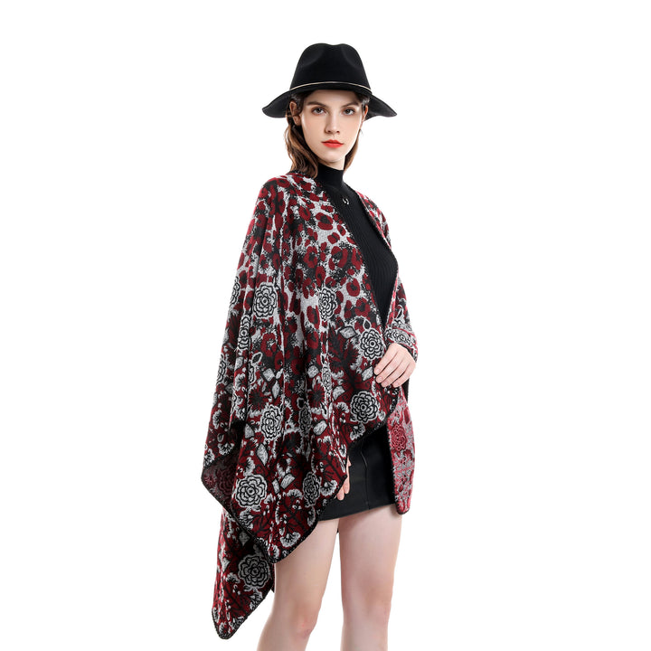 Damen Jacquard-Überwurfponcho im kastigen Kimono-Fall mit floral-animalischem Muster Echo Archiv
