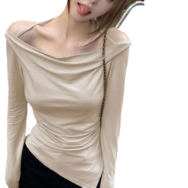 Damen schulterfreies Cowl-Longsleeve mit feinen Spaghettiträgern und sculptender Taillenpassform – Avérine
