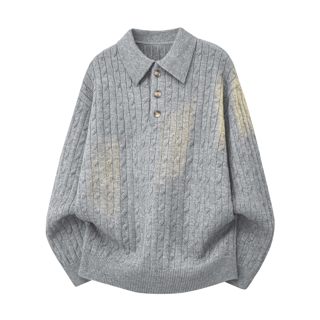 Herren Grobgestrickter Oversize-Polo-Pullover mit Knopfleiste & Zopfmuster Echoarchiv