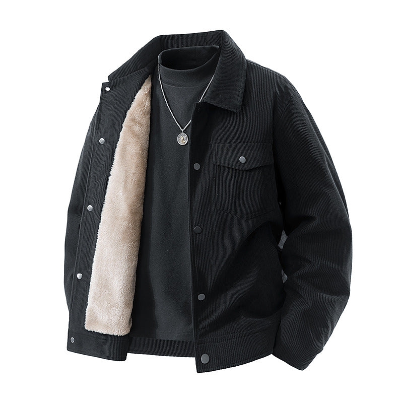 Männliche -Cord-Jacke mit Kunstschafsleder-Futter und Druckknopfverschluss Echo Archiv
