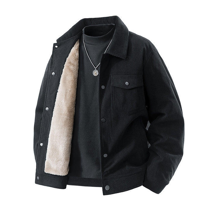 Männliche -Cord-Jacke mit Kunstschafsleder-Futter und Druckknopfverschluss Echo Archiv