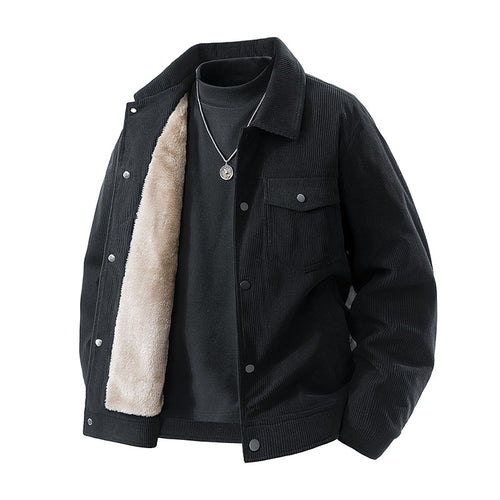Männliche -Cord-Jacke mit Kunstschafsleder-Futter und Druckknopfverschluss Echo Archiv