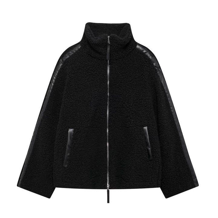 Damen Teddy-Fleece-Jacke mit Stehkragen und Lederoptik-Details Echo Archiv
