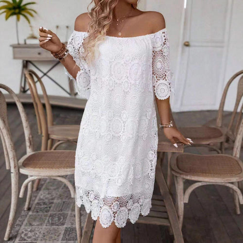 Damen nan schulterfreies Häkel-Midikleid mit Carmen-Ausschnitt und floraler Spitzenbordüre Echo Archiv
