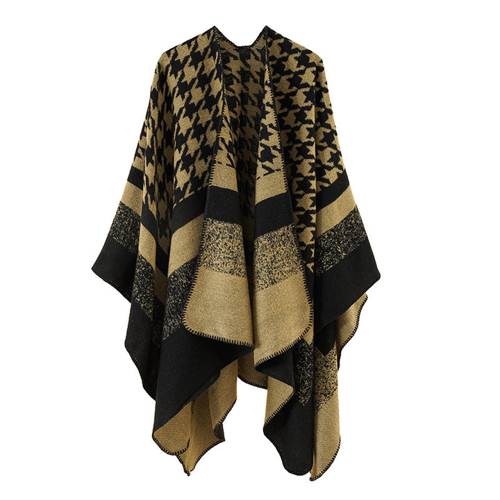 Damen Oversize‑Ruana‑Poncho aus Wollmix mit Hahnentritt- und Blockjacquard – Célinea