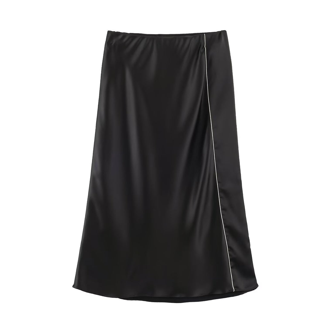 Damen Satin-Midirock mit seitlicher Überlappung und Kontrastpaspel Echo Archiv