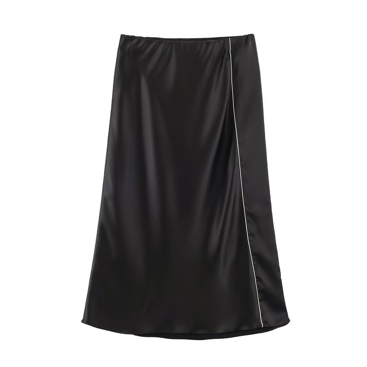 Damen Satin-Midirock mit seitlicher Überlappung und Kontrastpaspel Echo Archiv