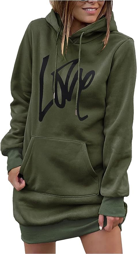 Damen Fleece-Kapuzenkleid mit Kängurutasche, Daumenlochärmeln und Oversize-Sweatshirt-Schnitt Echoarchiv