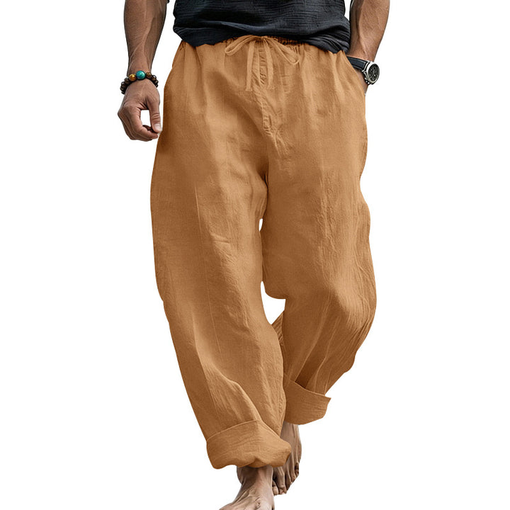 Herren Locker geschnittene Leinen-Loungehose mit Kordelzug, Umschlagsaum und Taschen – Sorevano