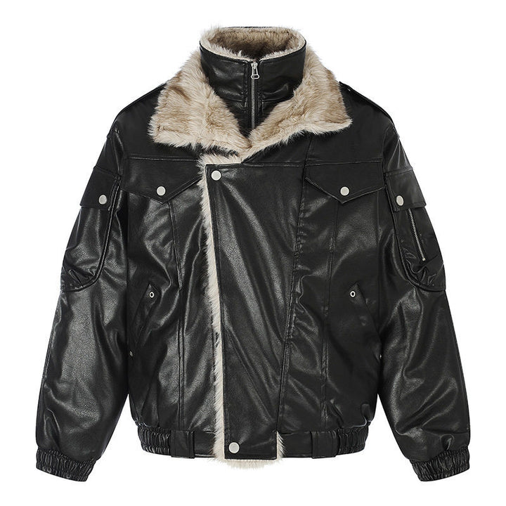 Damen Oversize Kunstleder-Fliegerjacke mit Teddyfutter und Stehkragen Echoarchiv