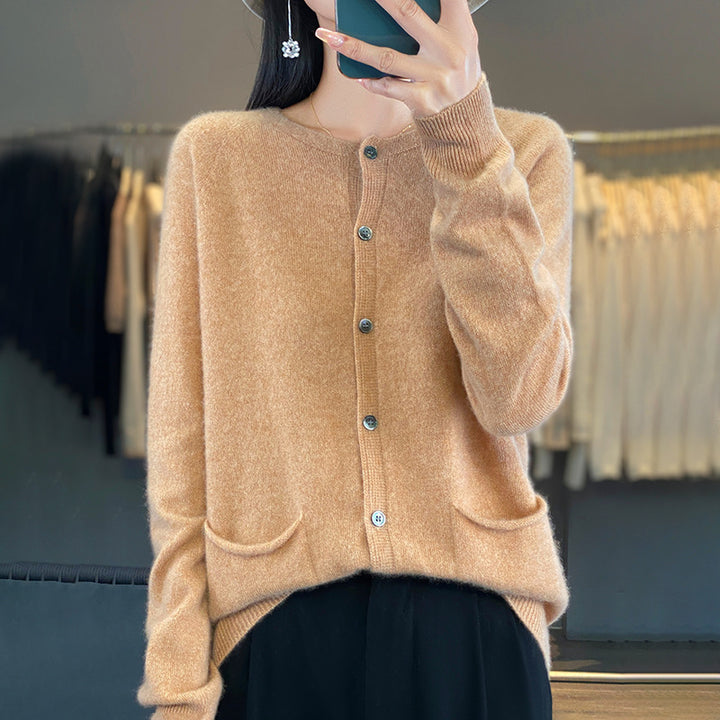 Damen Langer Feinstrick-Cardigan mit Rundhalsausschnitt, Eingrifftaschen und Alpaka-Mix Echoarchiv