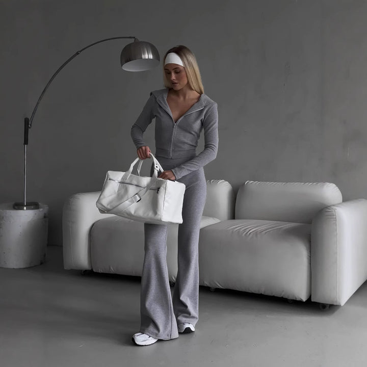Damen figurformendes Set aus taillierter Reißverschlussjacke und High-Waist-Leggings – Avérine