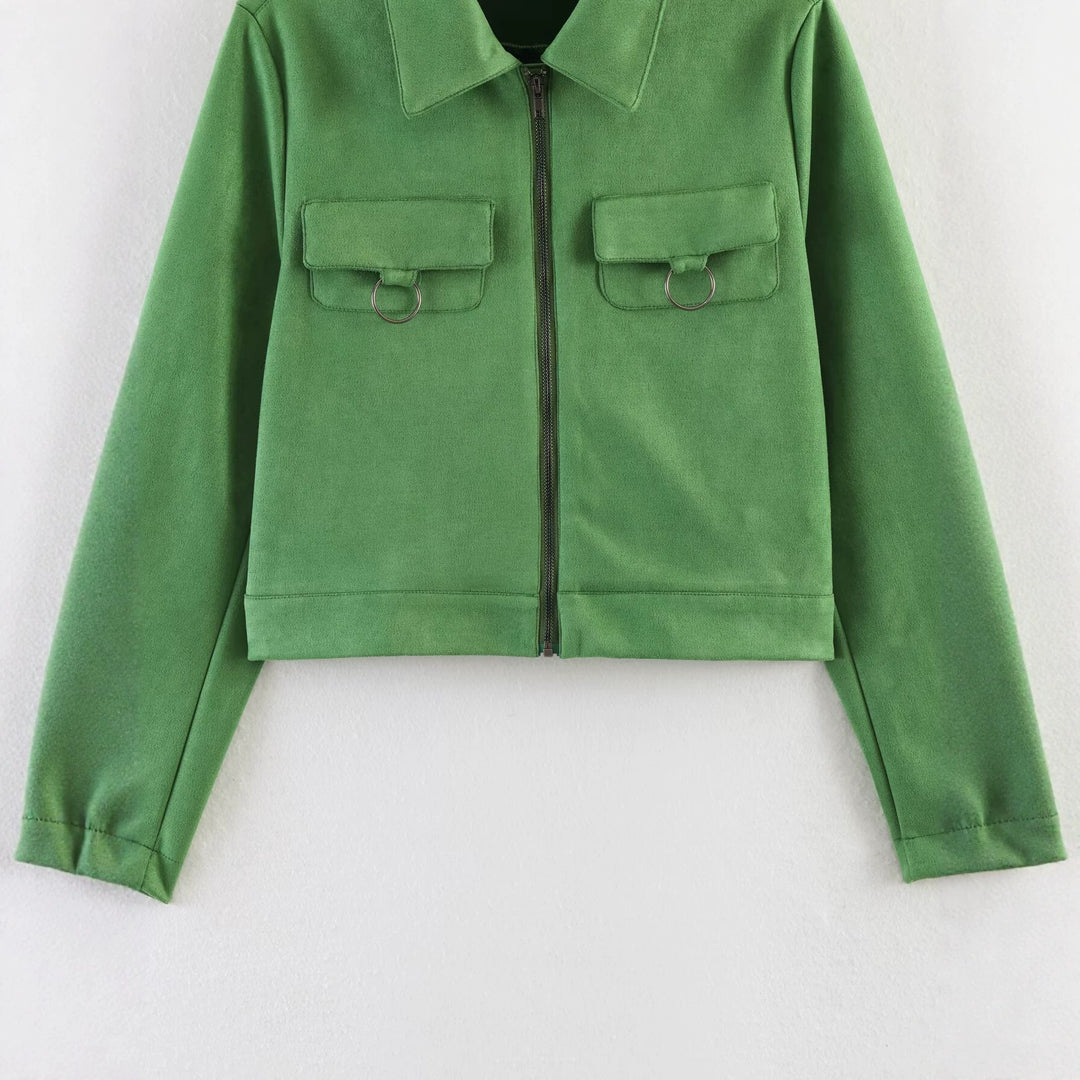 Damen Kurzjacke im Utility-Stil aus Veloursleder-Optik mit Brusttaschen und Metallringen Echo Archiv