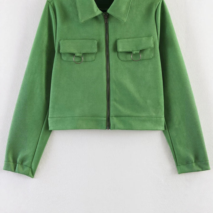 Damen Kurzjacke im Utility-Stil aus Veloursleder-Optik mit Brusttaschen und Metallringen Echo Archiv