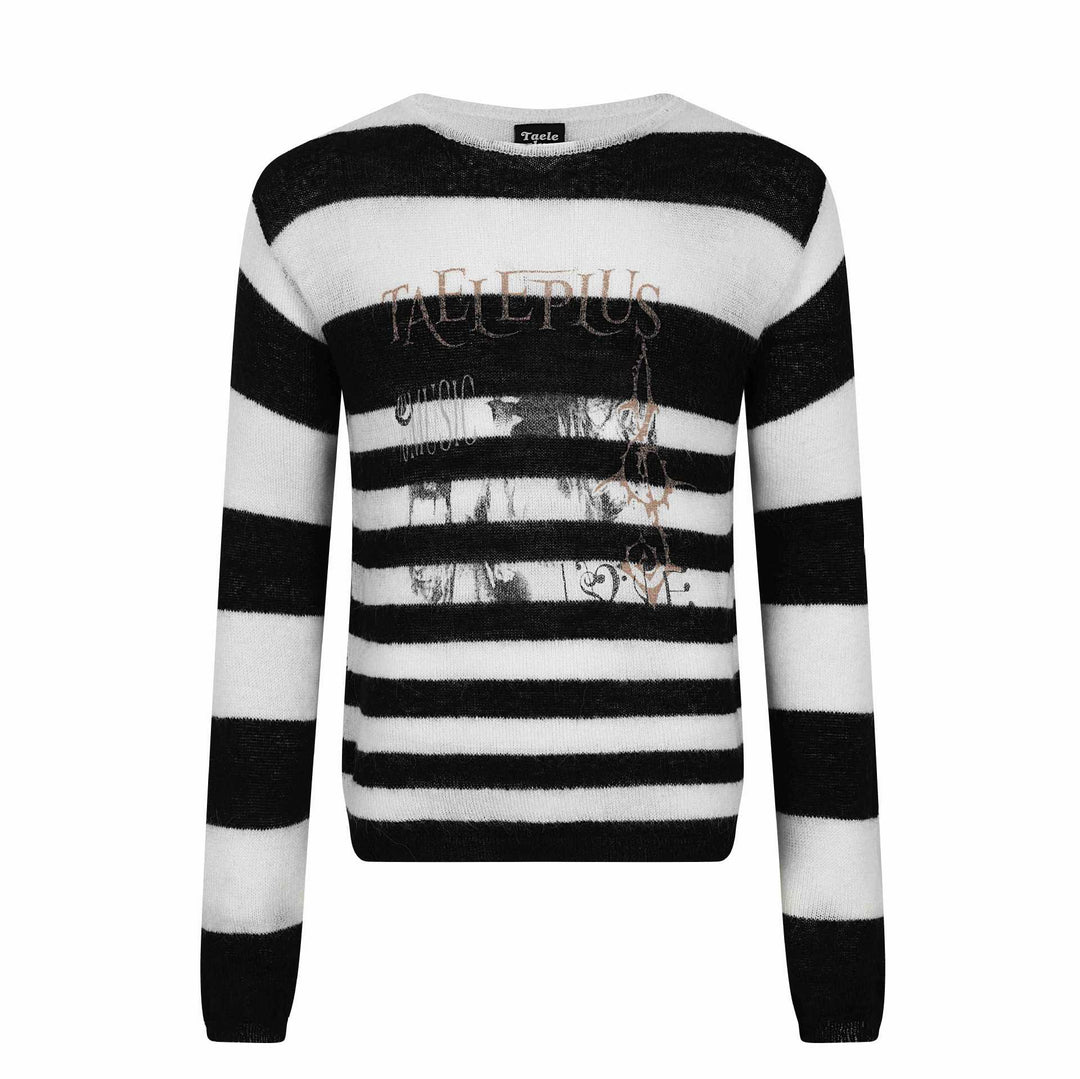 Unisex Gestreifter leichter Mohair‑Mix Rundhalspullover mit Vintage‑Motiv Echoarchiv